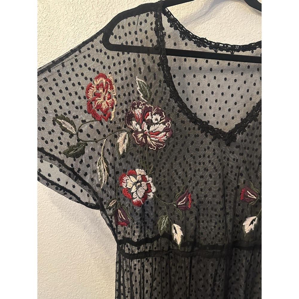 Sheer Embroidered Floral Black Lace Maxi Dress Swiss Dot Festival Rave Sz XL - Picture 3 of 5